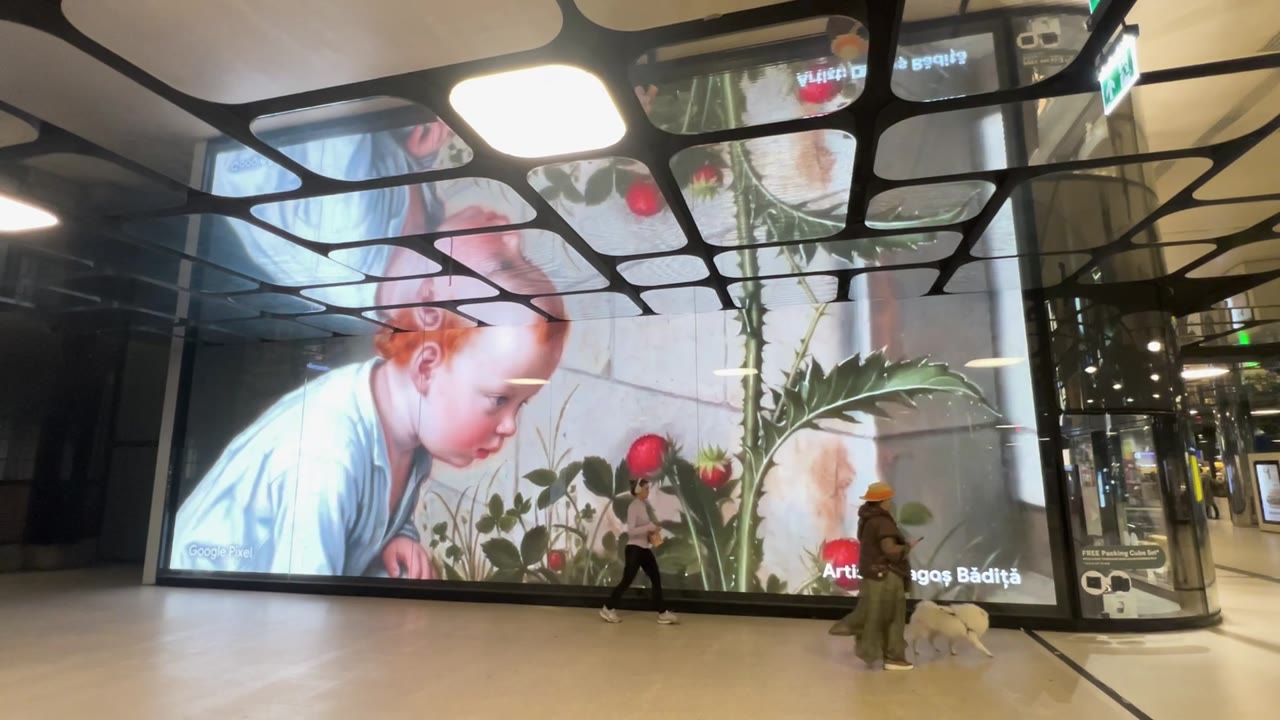 AI-remixed artwork on a large public screen